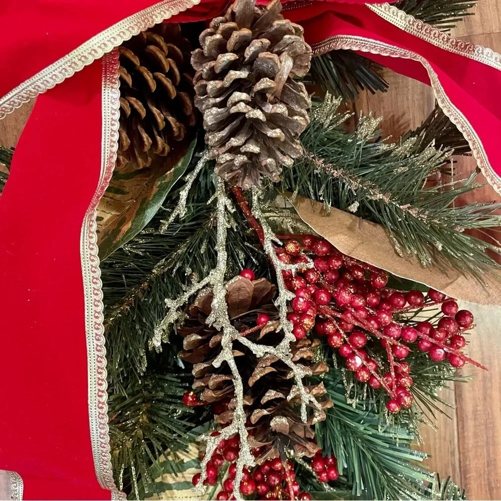 Vintage Artificial Pine Christmas Teardrop Swag with Pine Cones And Ribbon Bow.